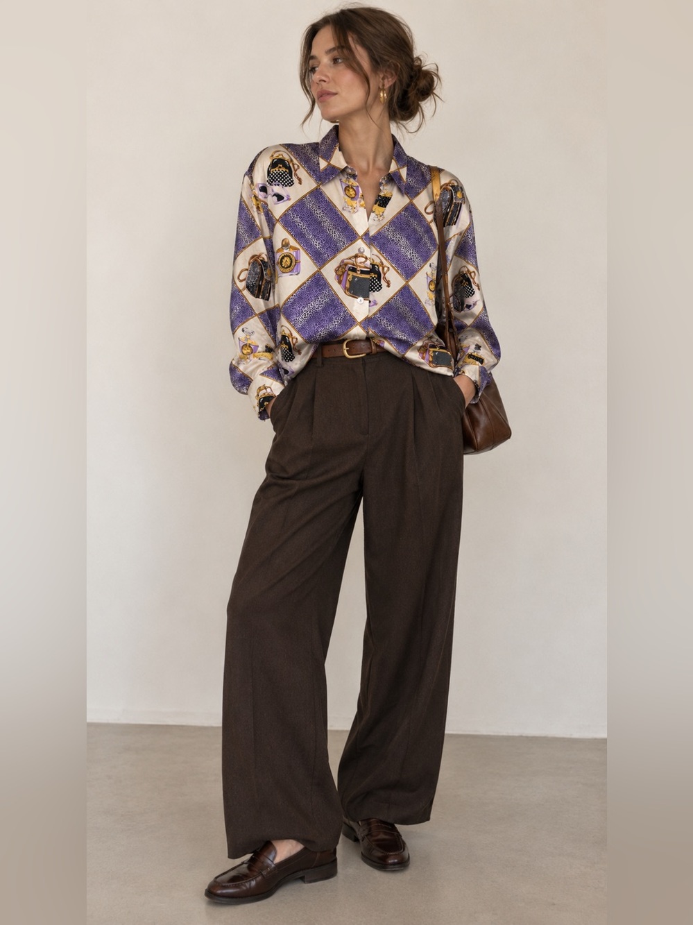 Vintage 100% Silk Purple Novelty Print Blouse Artsy 90s sz 10